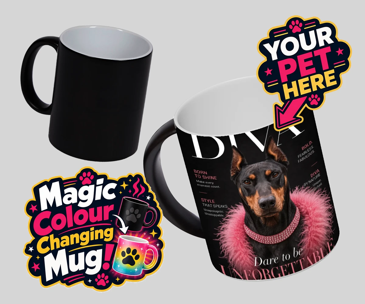 Personalised Diva Magazine dog magic photo mugs featuring meet Diva Magazine, the canine superstar ready to steal the spotlight