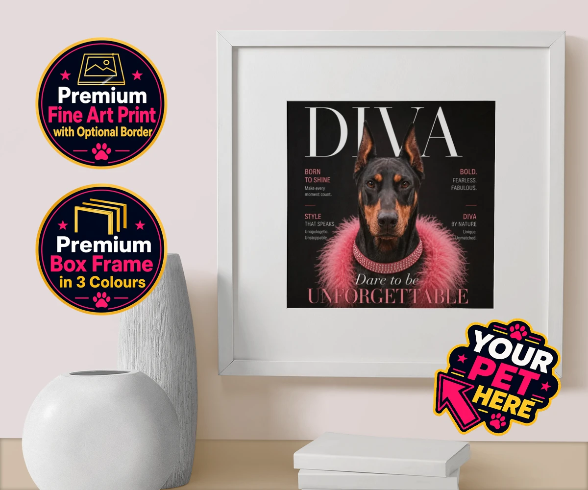 Personalised Diva Magazine dog box framed print featuring meet Diva Magazine, the canine superstar ready to steal the spotlight