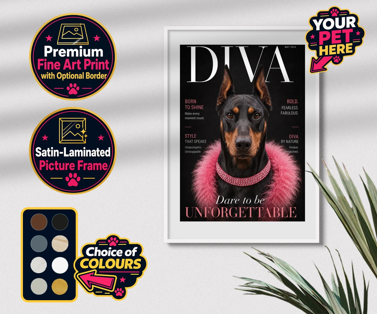 Personalised Diva Magazine dog premium framed print featuring meet Diva Magazine, the canine superstar ready to steal the spotlight