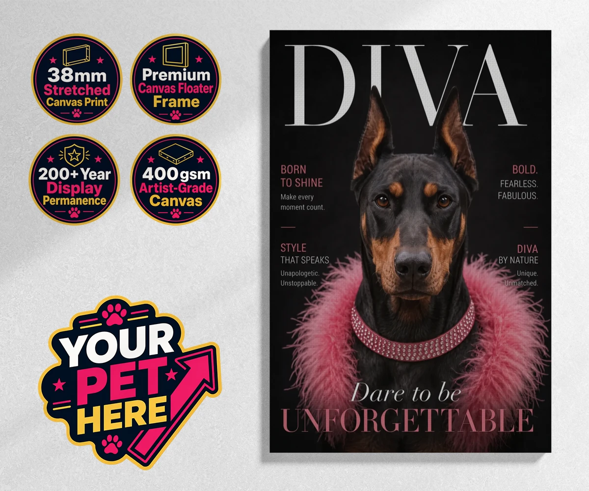 Personalised Diva Magazine dog stretched canvas print featuring meet Diva Magazine, the canine superstar ready to steal the spotlight