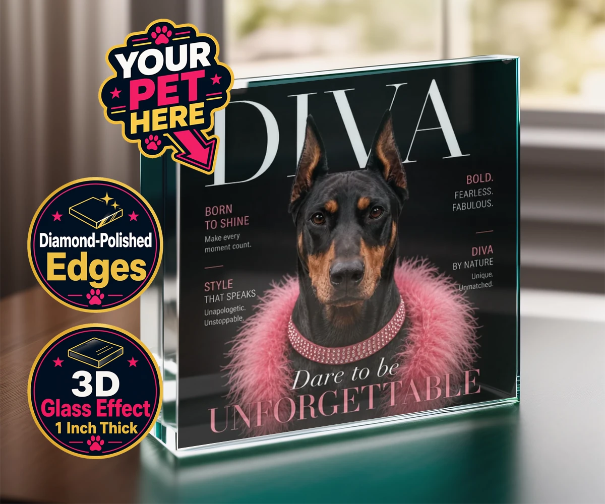 Personalised Diva Magazine dog acrylic prisms featuring meet Diva Magazine, the canine superstar ready to steal the spotlight