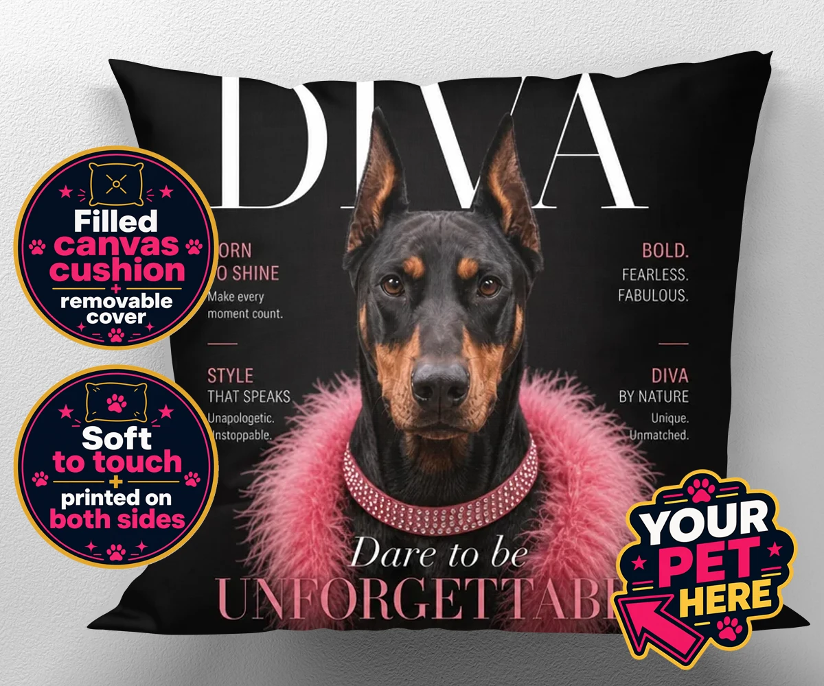 Personalised Diva Magazine Star dog canvas cushions featuring where your beloved dog takes centre stage like the true superstar they