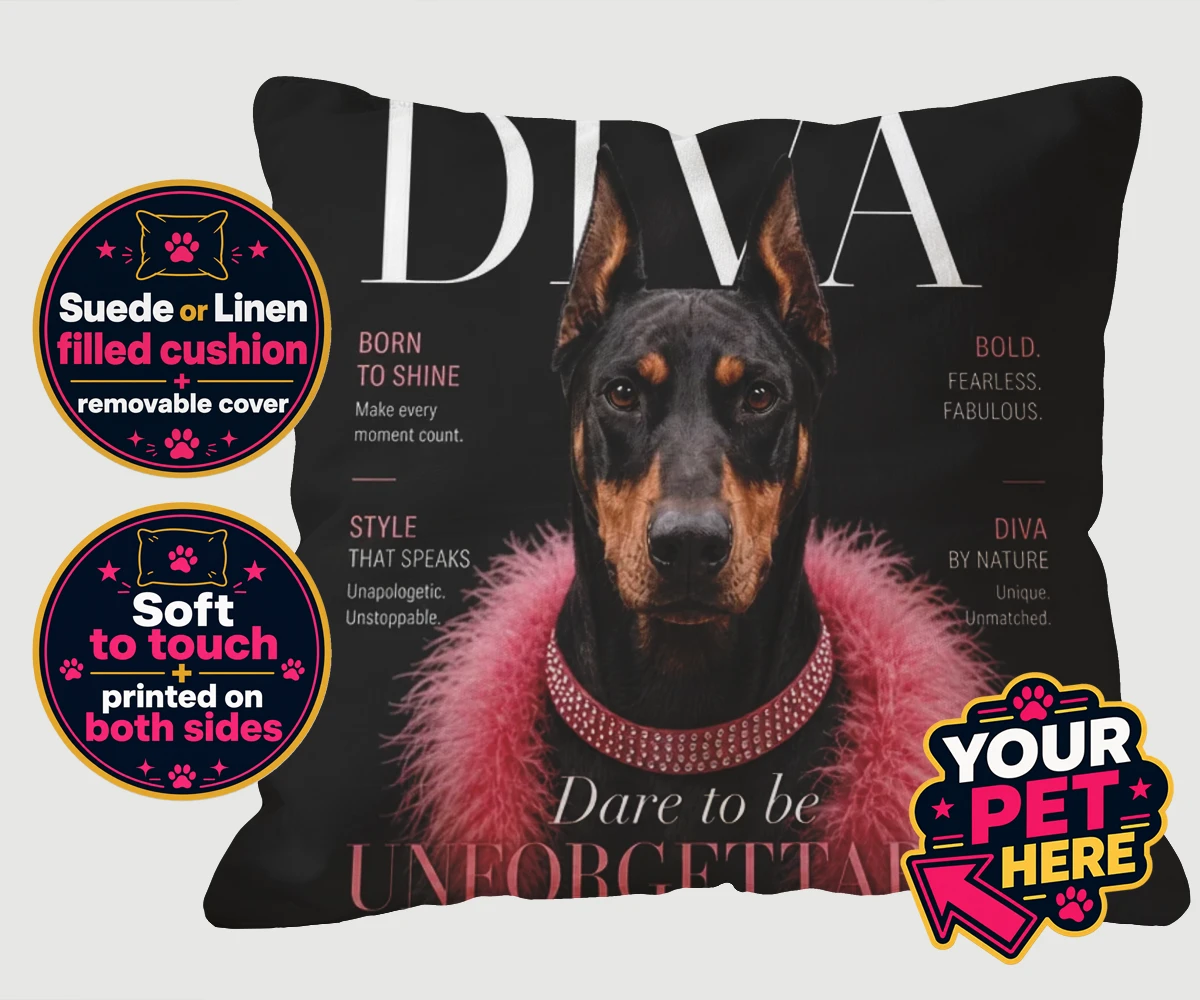 Personalised Diva Magazine Star dog cushions featuring where your beloved dog takes centre stage like the true superstar they