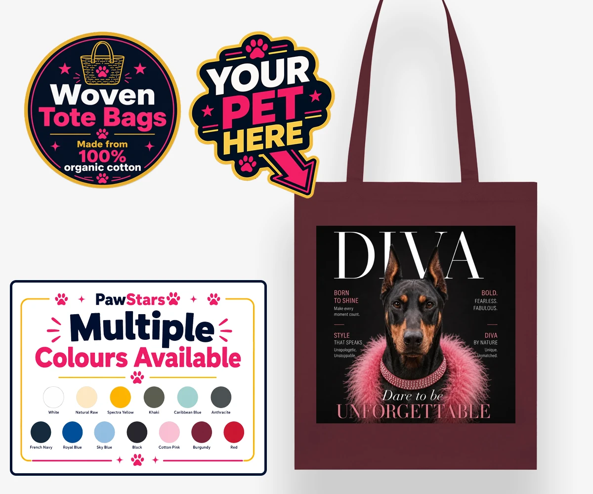 Personalised Diva Magazine Star dog woven tote bags featuring where your beloved dog takes centre stage like the true superstar they