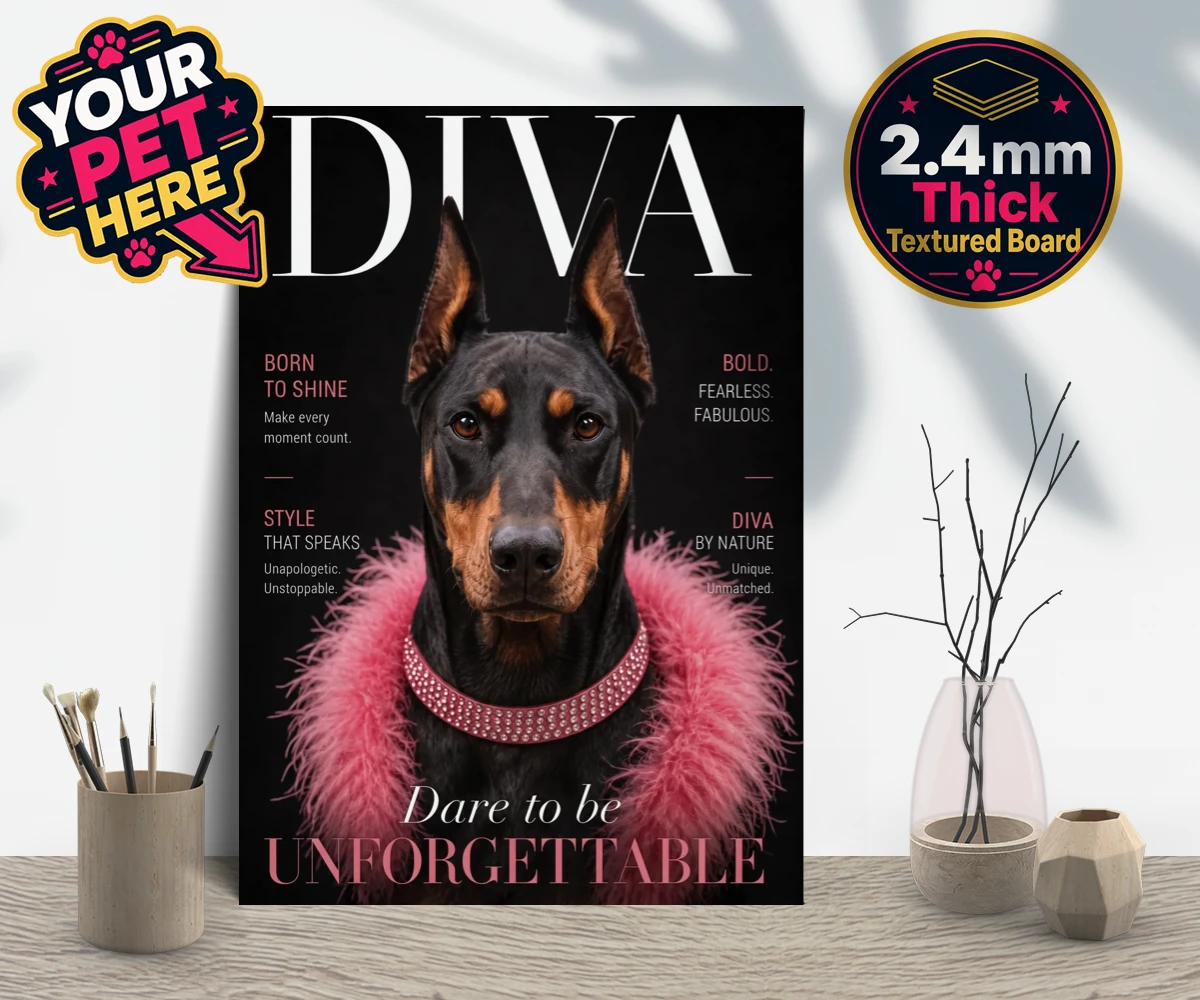 Personalised Diva Magazine dog gallery boards featuring meet Diva Magazine, the canine superstar ready to steal the spotlight