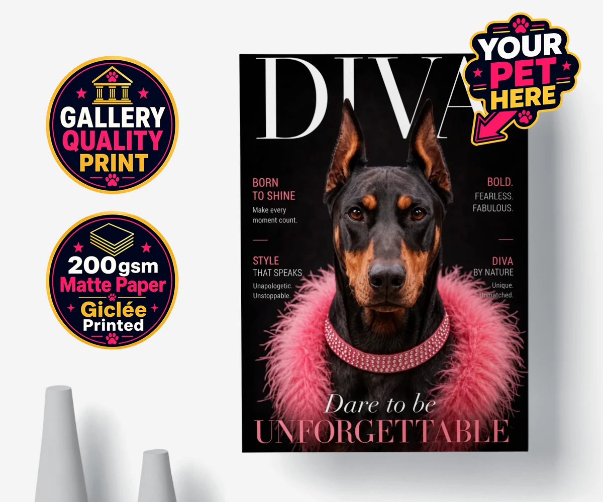 Personalised Diva Magazine dog premium poster print featuring meet Diva Magazine, the canine superstar ready to steal the spotlight