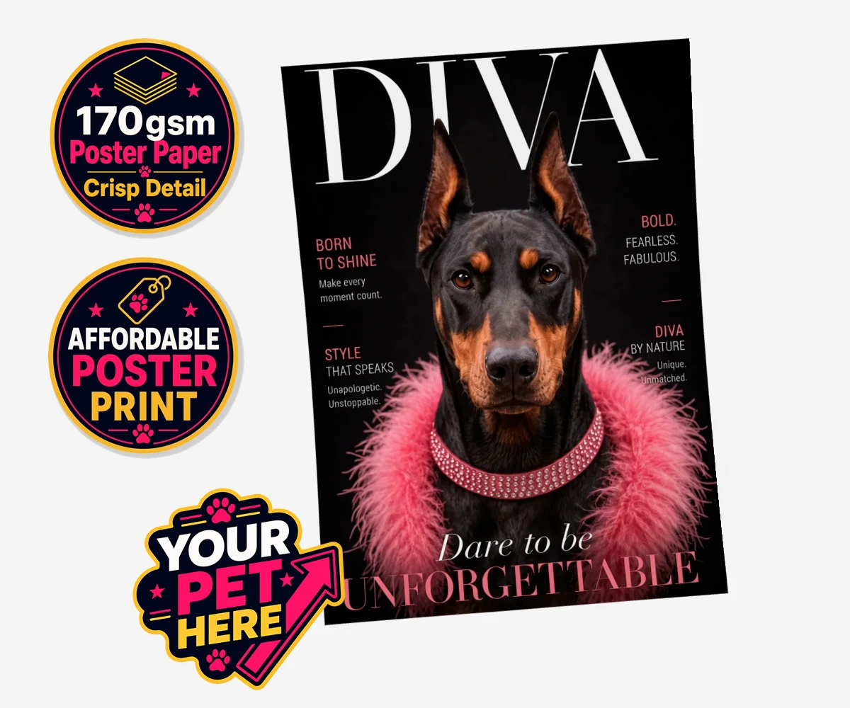Personalised Diva Magazine dog standard poster print featuring meet Diva Magazine, the canine superstar ready to steal the spotlight