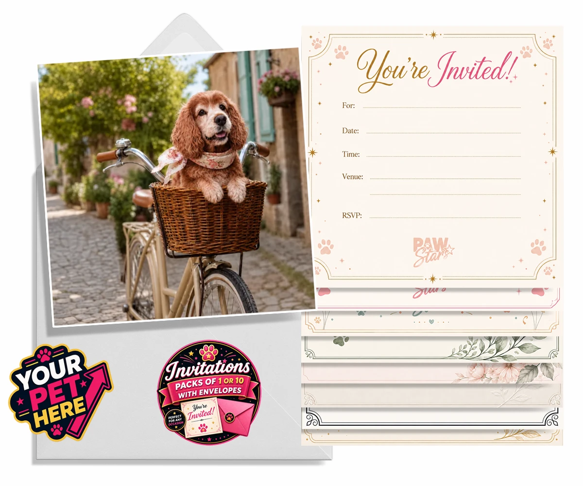 Personalised The Basket Ride dog invitations featuring " a charming portrait that perfectly captures the whimsical spirit of