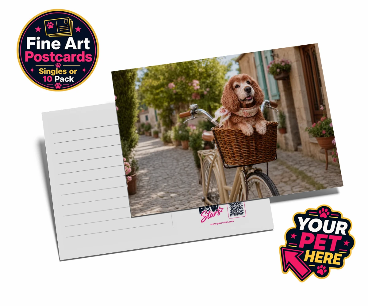 Personalised The Basket Ride dog postcards featuring " a charming portrait that perfectly captures the whimsical spirit of