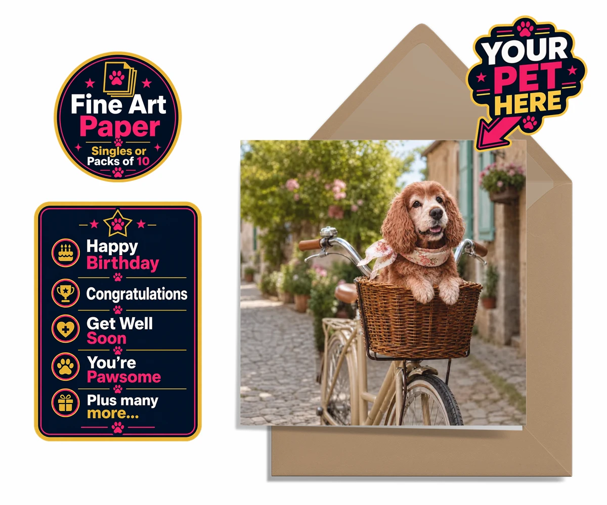 Personalised The Basket Ride dog premium greetings cards featuring " a charming portrait that perfectly captures the whimsical spirit of