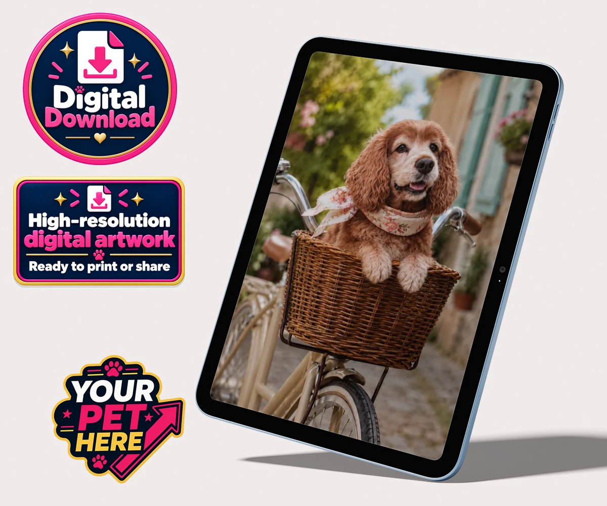 Personalised The Basket Ride dog personalised digital downloads featuring " a charming portrait that perfectly captures the whimsical spirit of