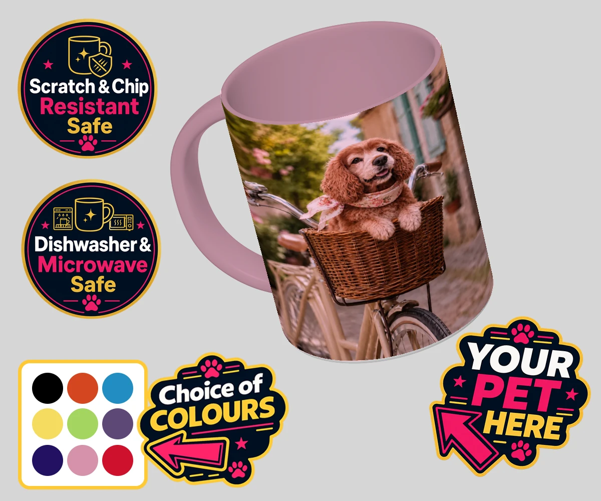 Personalised The Basket Ride dog coloured photo mugs featuring meet "The Basket Ride," a delightful portrait that captures your furry