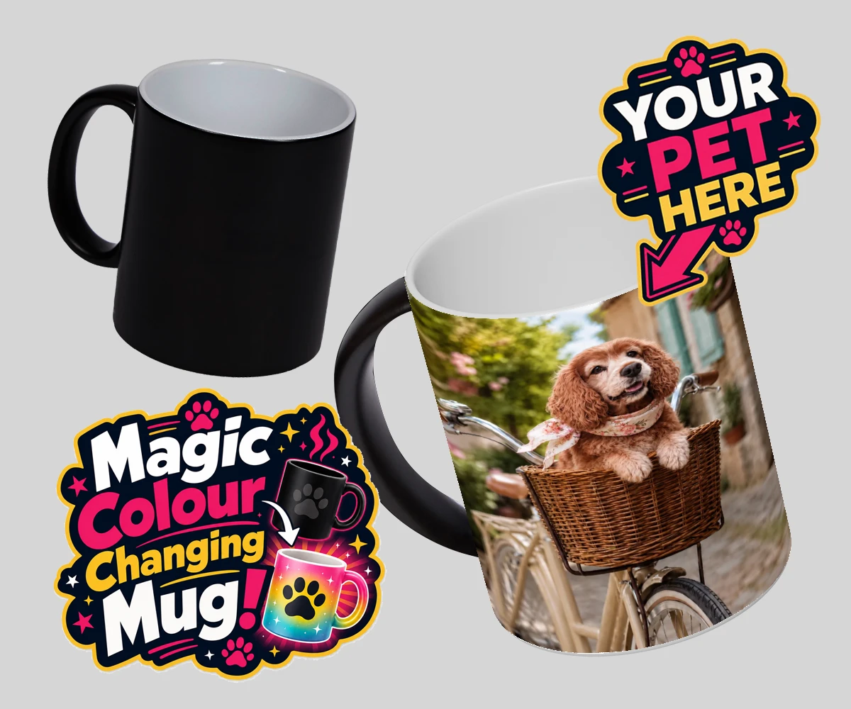 Personalised The Basket Ride dog magic photo mugs featuring " a charming portrait that perfectly captures the whimsical spirit of