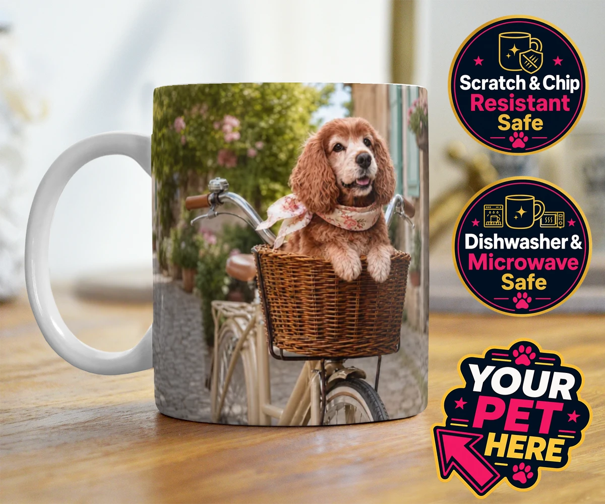 Personalised The Basket Ride dog photo mugs featuring " a charming portrait that perfectly captures the whimsical spirit of