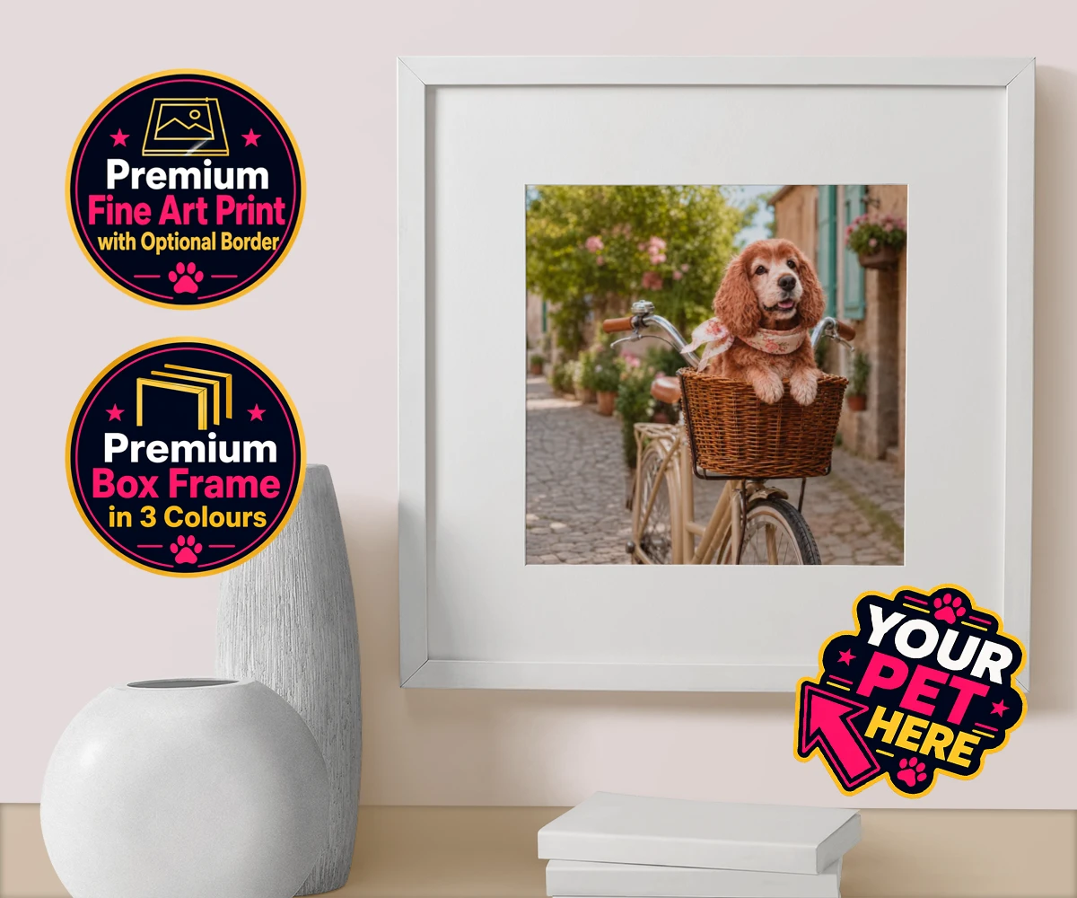 Personalised The Basket Ride dog box framed print featuring meet "The Basket Ride," a delightful portrait that captures your furry