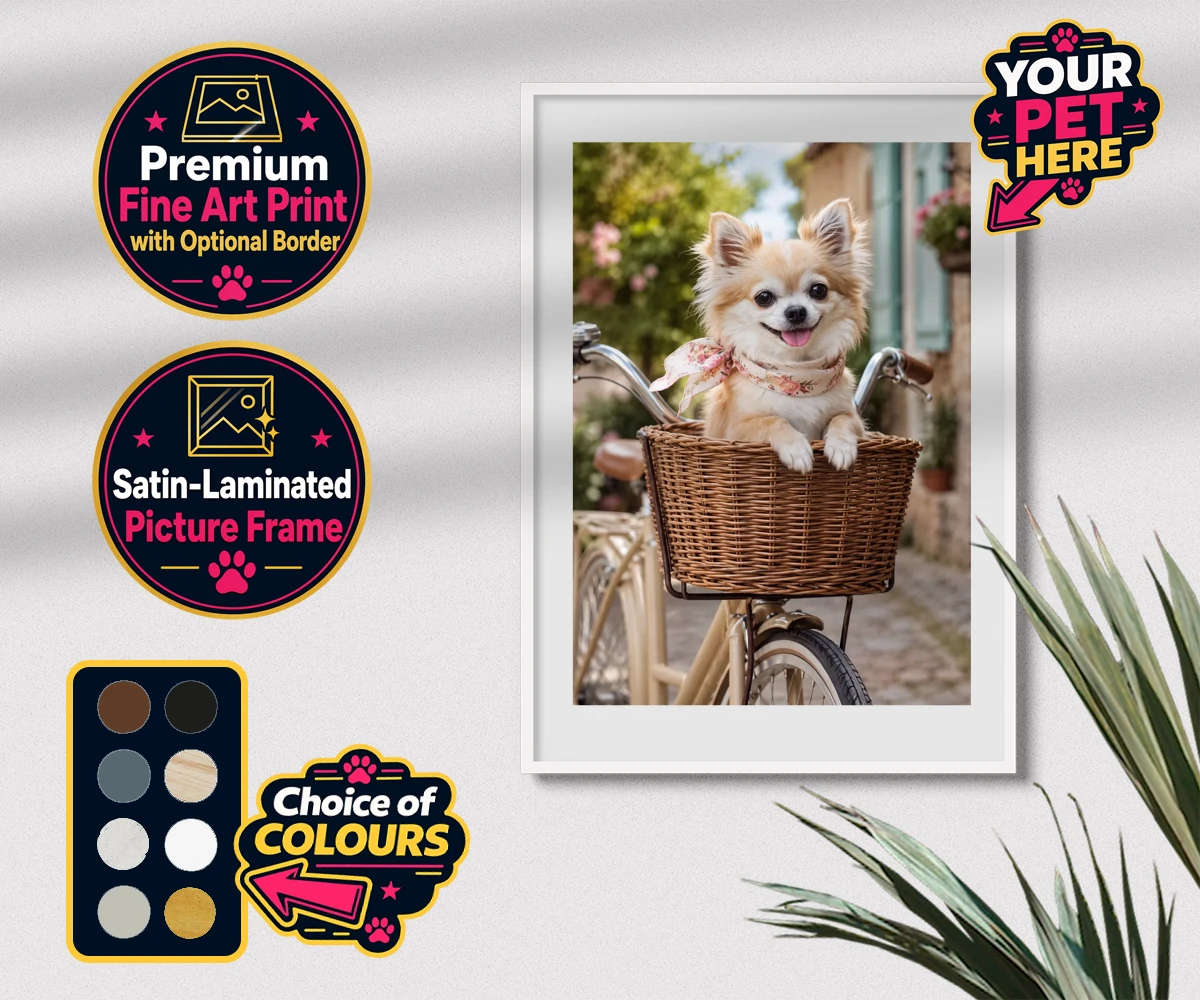 Personalised The Basket Ride dog premium framed print featuring meet "The Basket Ride," a delightful portrait that captures your furry