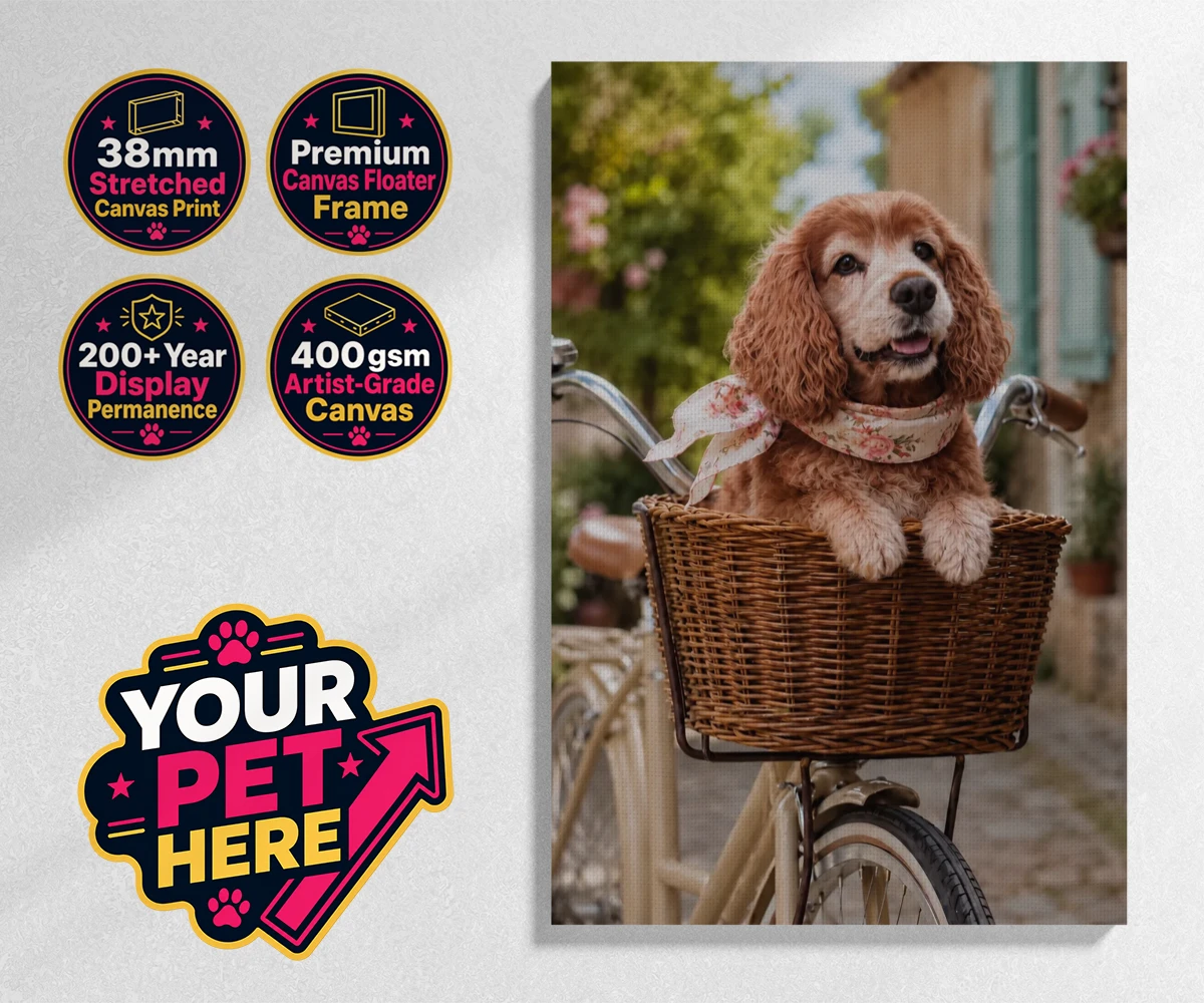 Personalised The Basket Ride dog stretched canvas print featuring " a charming portrait that perfectly captures the whimsical spirit of