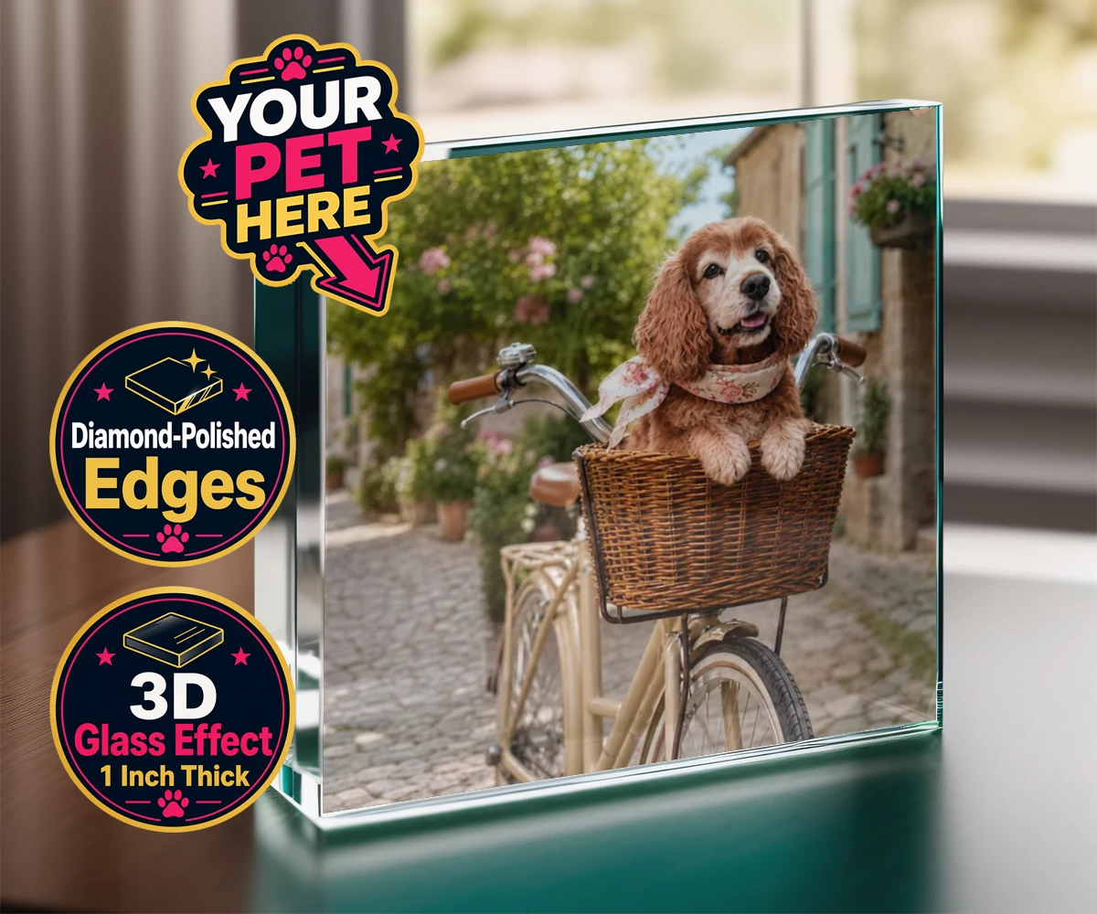 Personalised The Basket Ride dog acrylic prisms featuring " a charming portrait that perfectly captures the whimsical spirit of