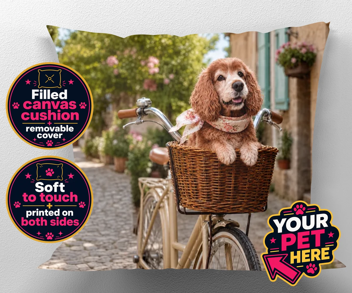 Personalised The Basket Ride dog canvas cushions featuring " a charming portrait that perfectly captures the whimsical spirit of