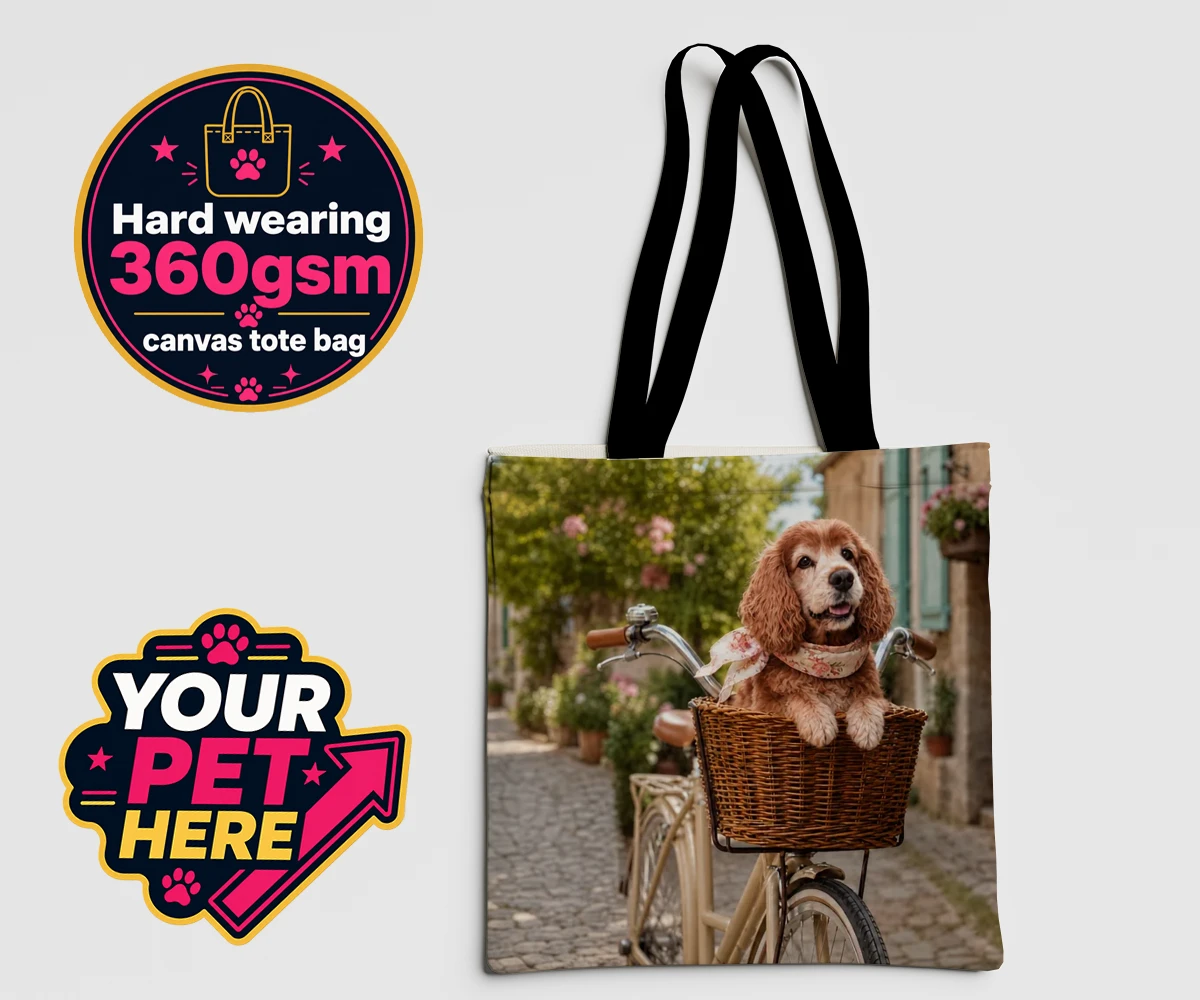 Personalised The Basket Ride dog canvas tote bags featuring " a charming portrait that perfectly captures the whimsical spirit of