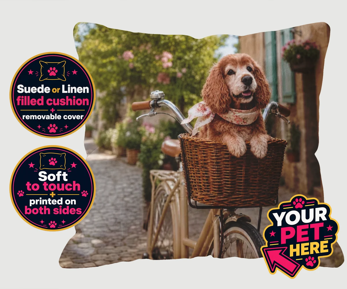 Personalised The Basket Ride dog cushions featuring " a charming portrait that perfectly captures the whimsical spirit of