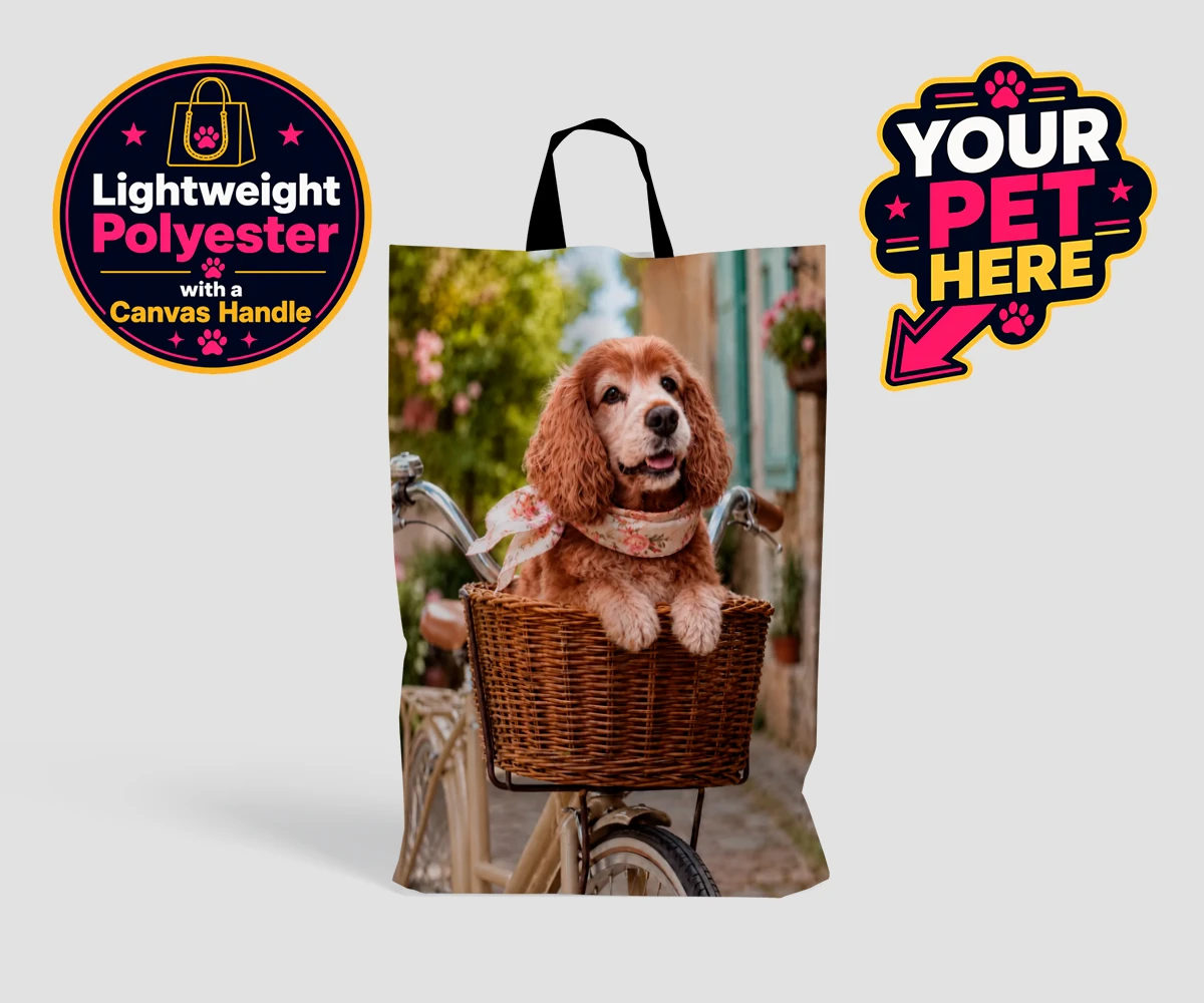 Personalised The Basket Ride dog shopping bags featuring " a charming portrait that perfectly captures the whimsical spirit of