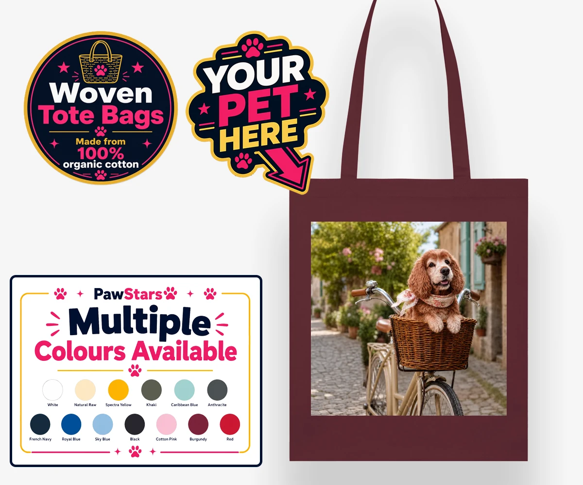 Personalised The Basket Ride dog woven tote bags featuring " a charming portrait that perfectly captures the whimsical spirit of