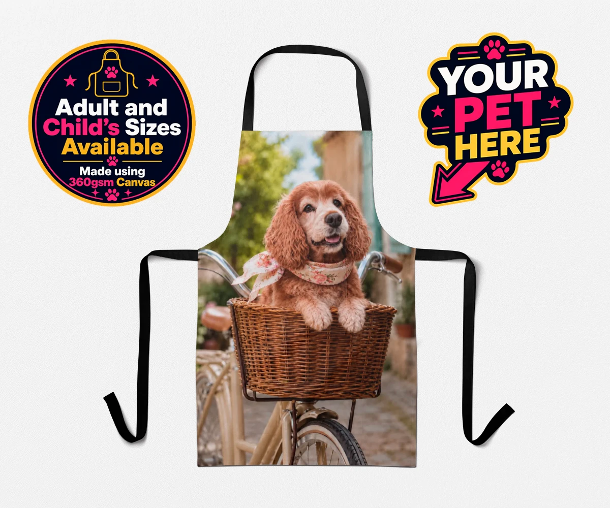 Personalised The Basket Ride dog aprons featuring " a charming portrait that perfectly captures the whimsical spirit of