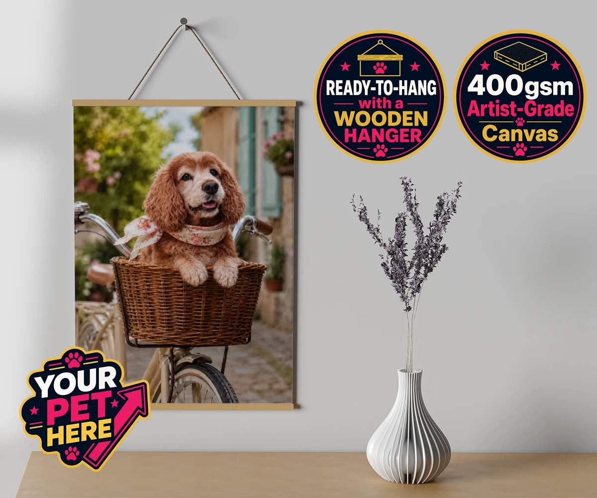 Personalised The Basket Ride dog canvas poster prints with hanger featuring meet "The Basket Ride," a delightful portrait that captures your furry