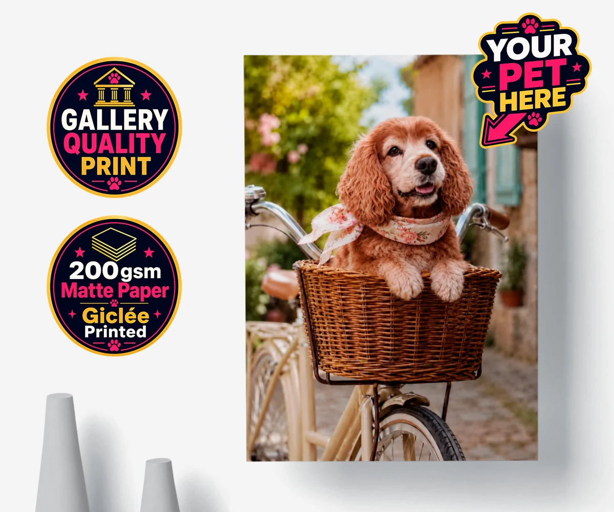 Personalised The Basket Ride dog premium poster print featuring meet "The Basket Ride," a delightful portrait that captures your furry