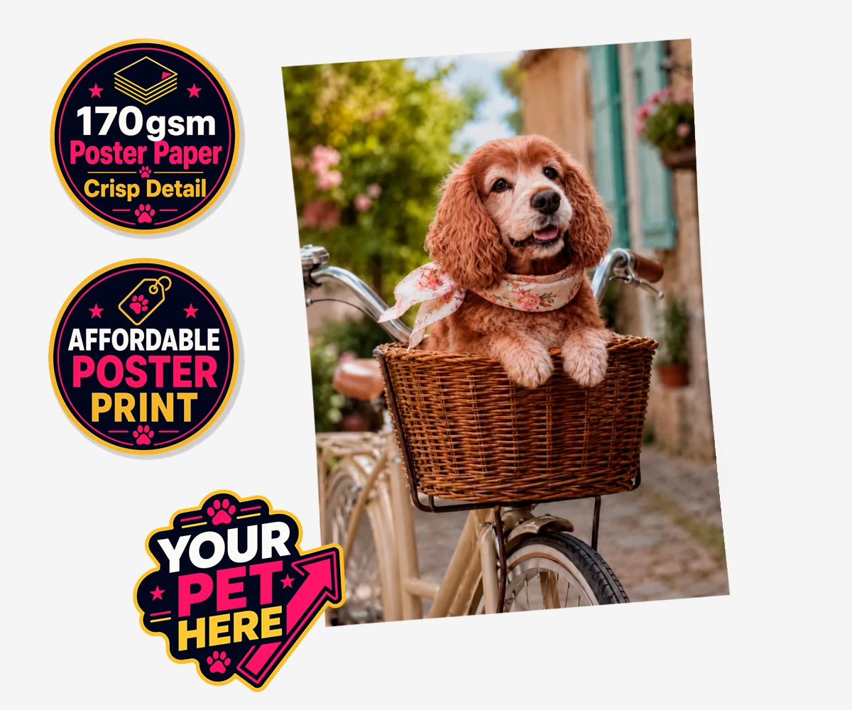 Personalised The Basket Ride dog standard poster print featuring " a charming portrait that perfectly captures the whimsical spirit of