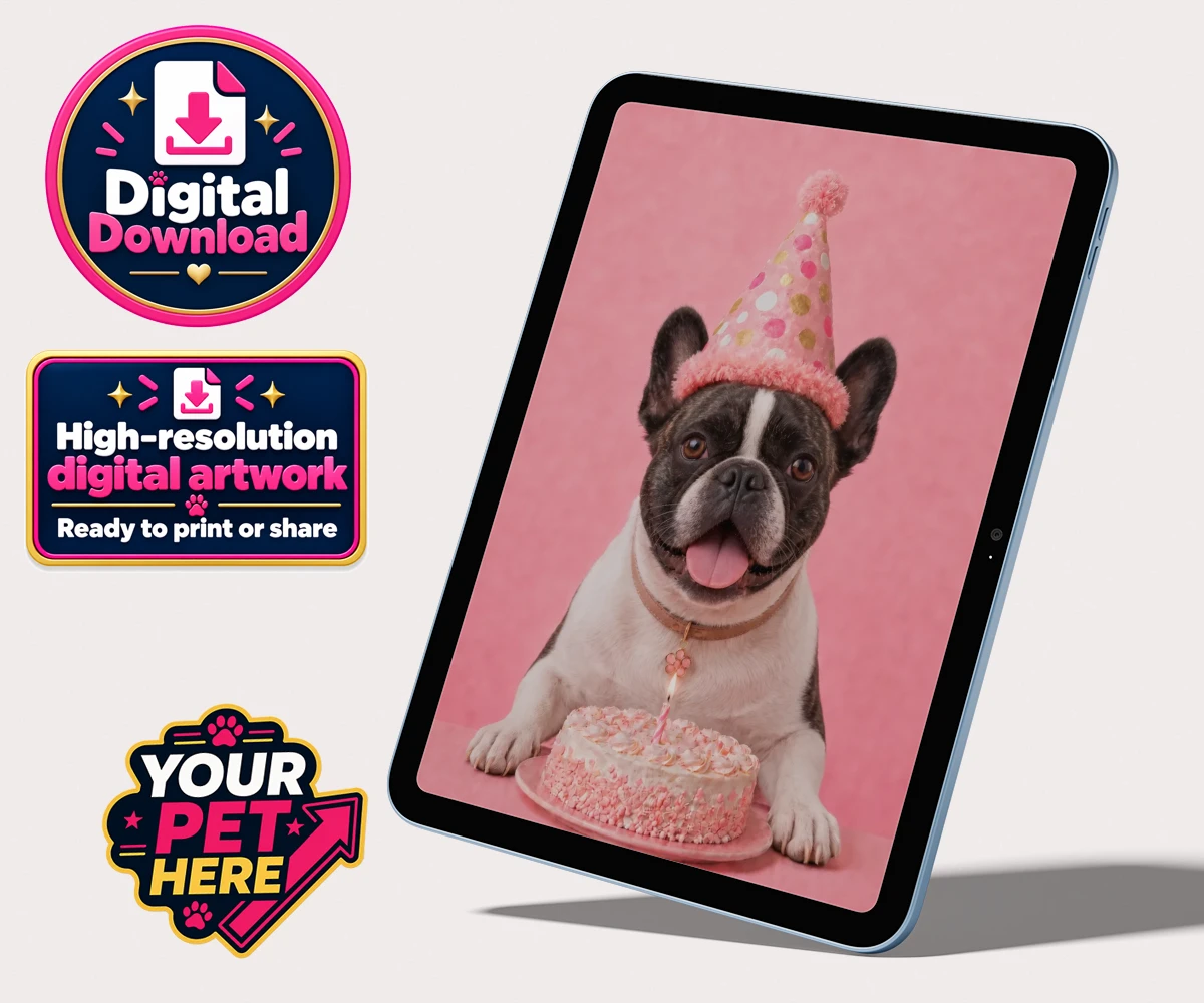 Personalised digital portrait of a Birthday Girl dog, featuring a whimsical party hat and a cake with a candle