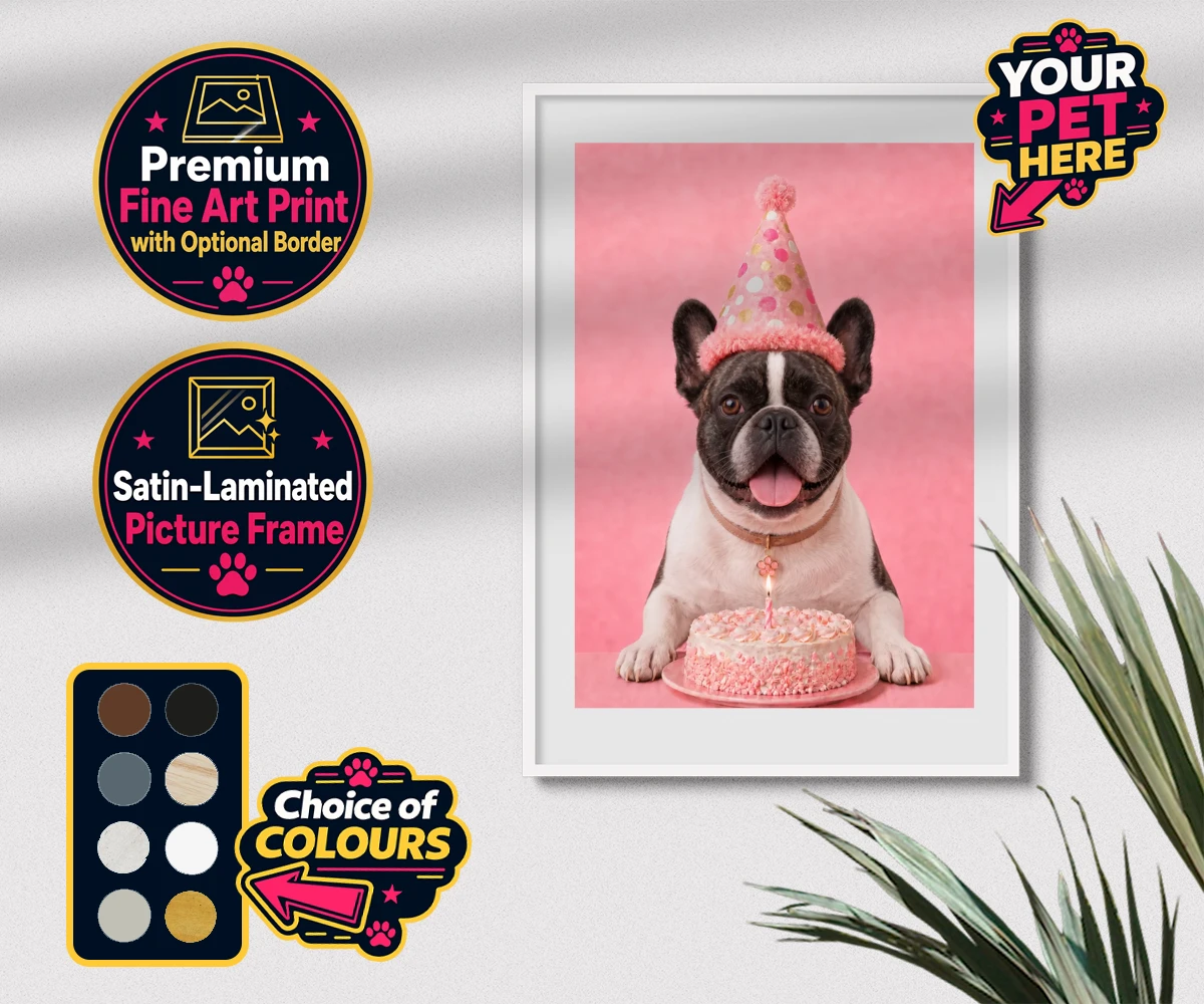 Personalised Birthday Girl dog premium framed print featuring celebrate your furry friend's special day with our delightful Birthday