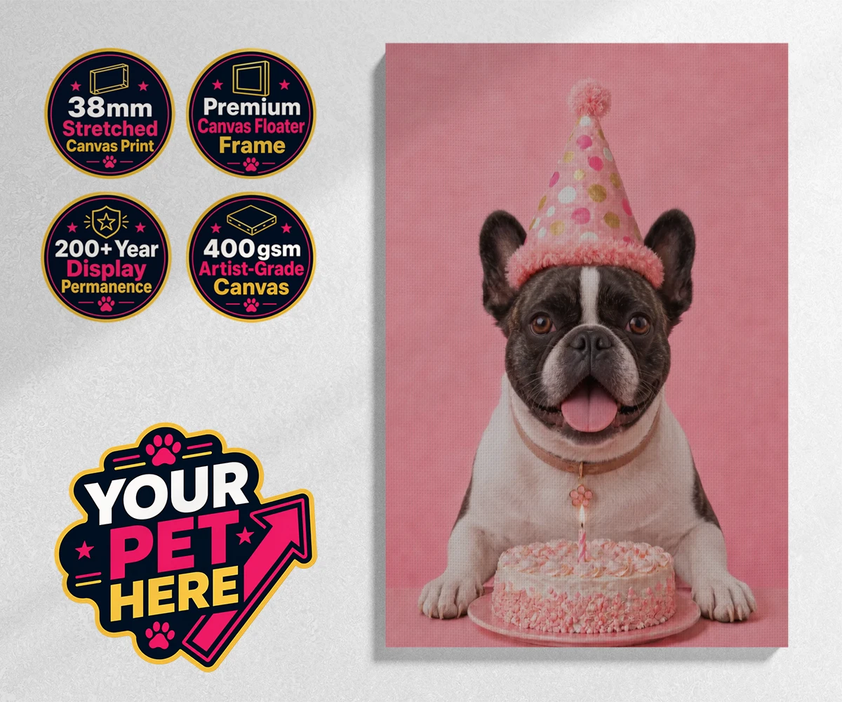 Personalised Birthday Girl dog stretched canvas print featuring celebrate your furry friend's special day with our delightful Birthday
