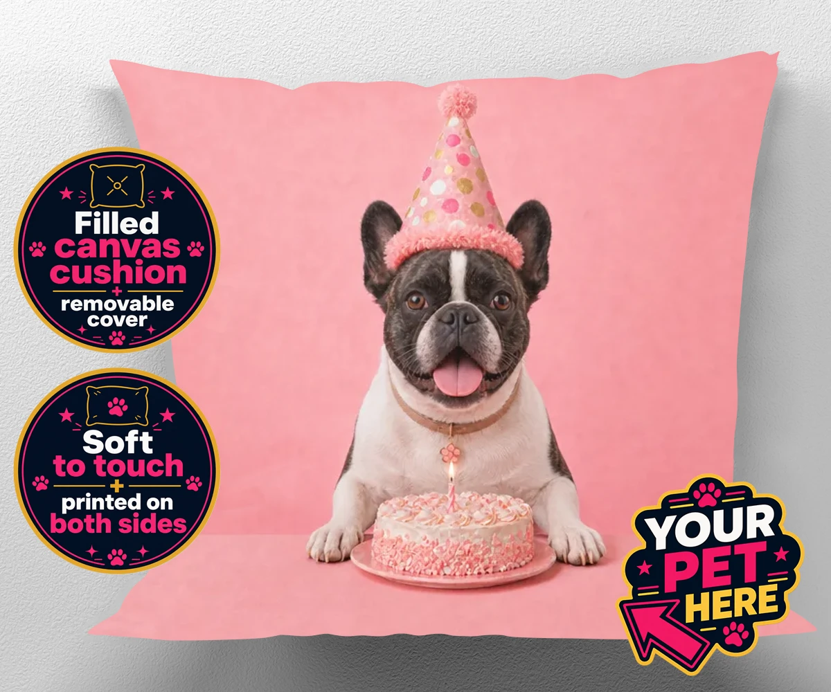 Personalised canvas cushion featuring Birthday Girl dog in a party hat with a cake
