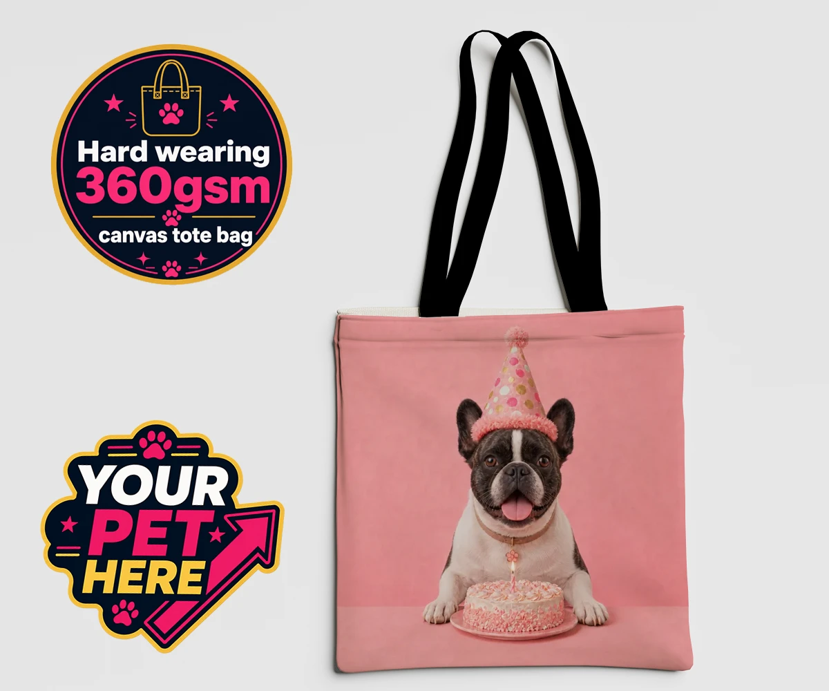 Personalised Birthday Girl dog canvas tote bag featuring a dog in a party hat and a cake