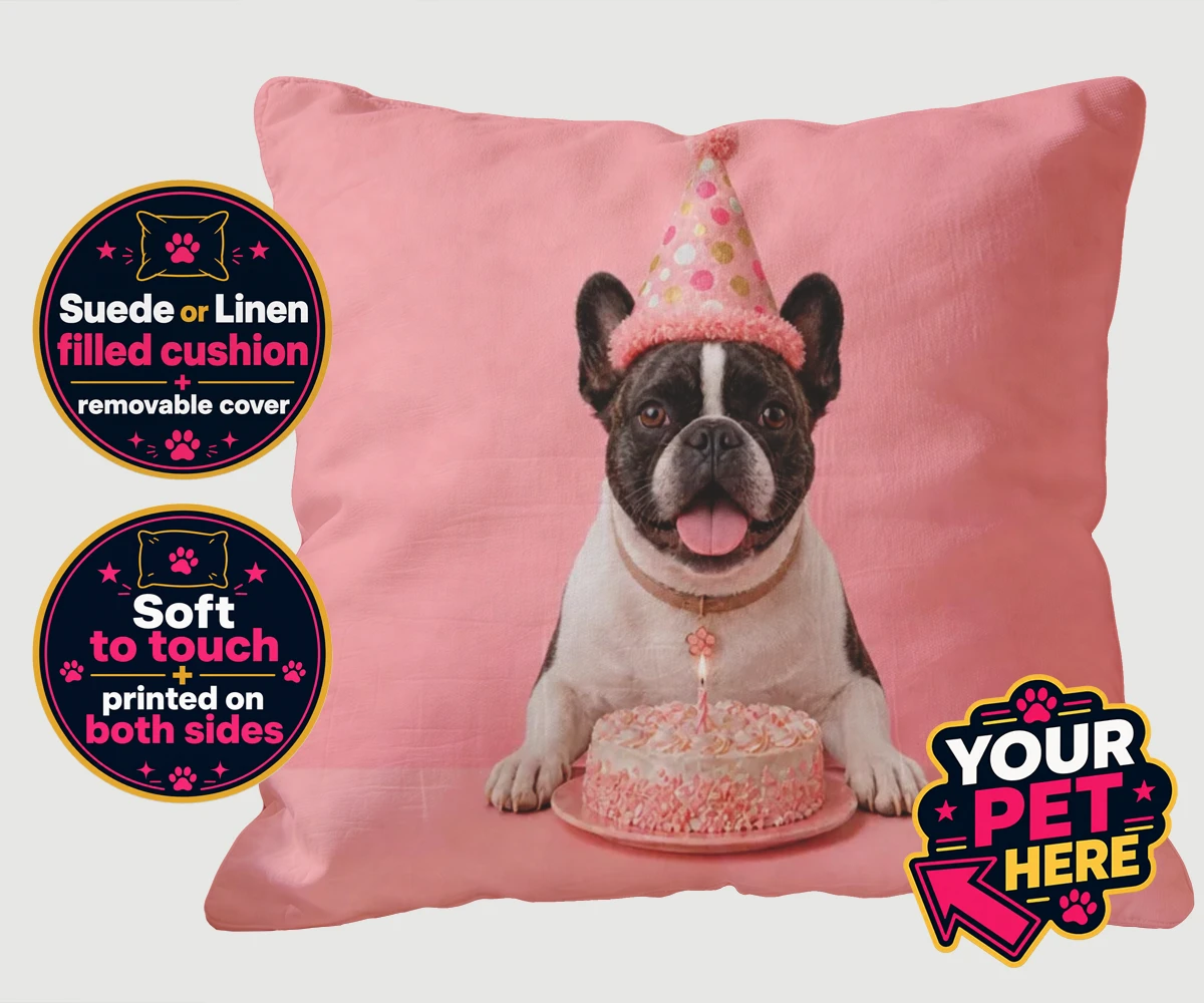 Personalised Birthday Girl dog cushion featuring a dog in a party hat and a cake with a candle