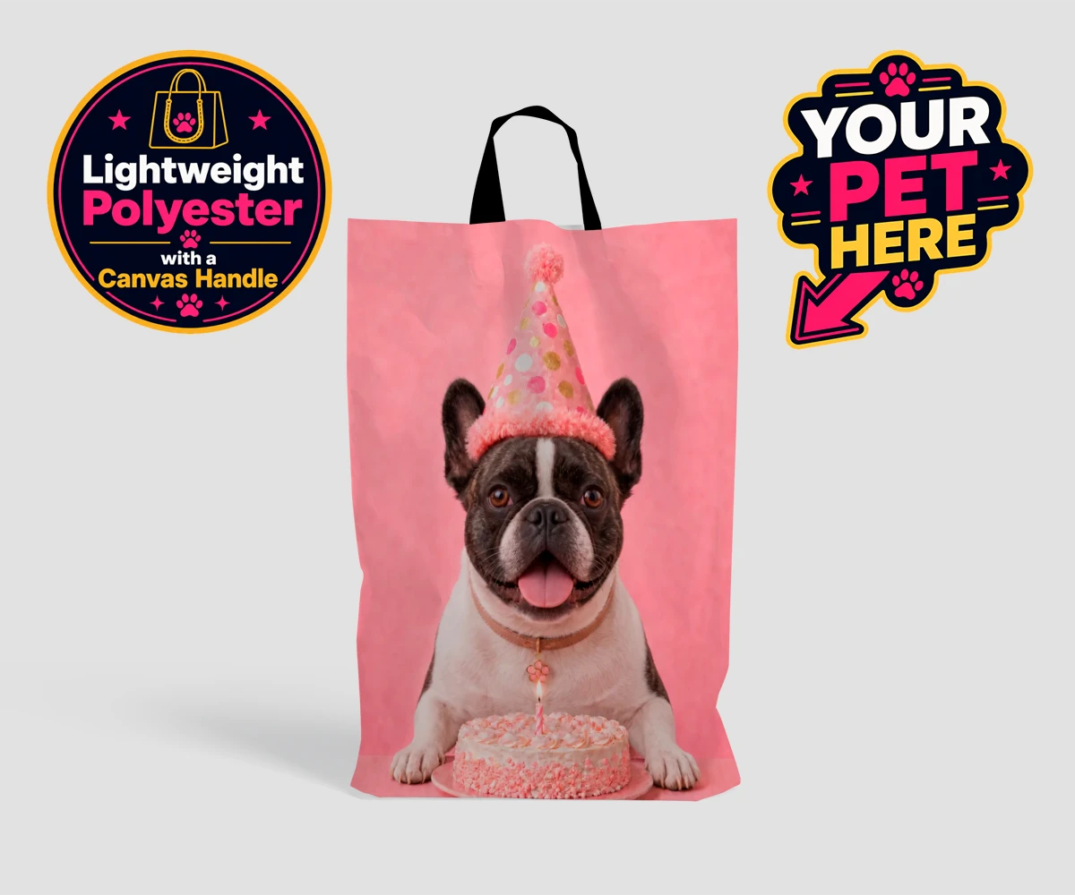 Personalised shopping bag with Birthday Girl dog in a party hat and cake