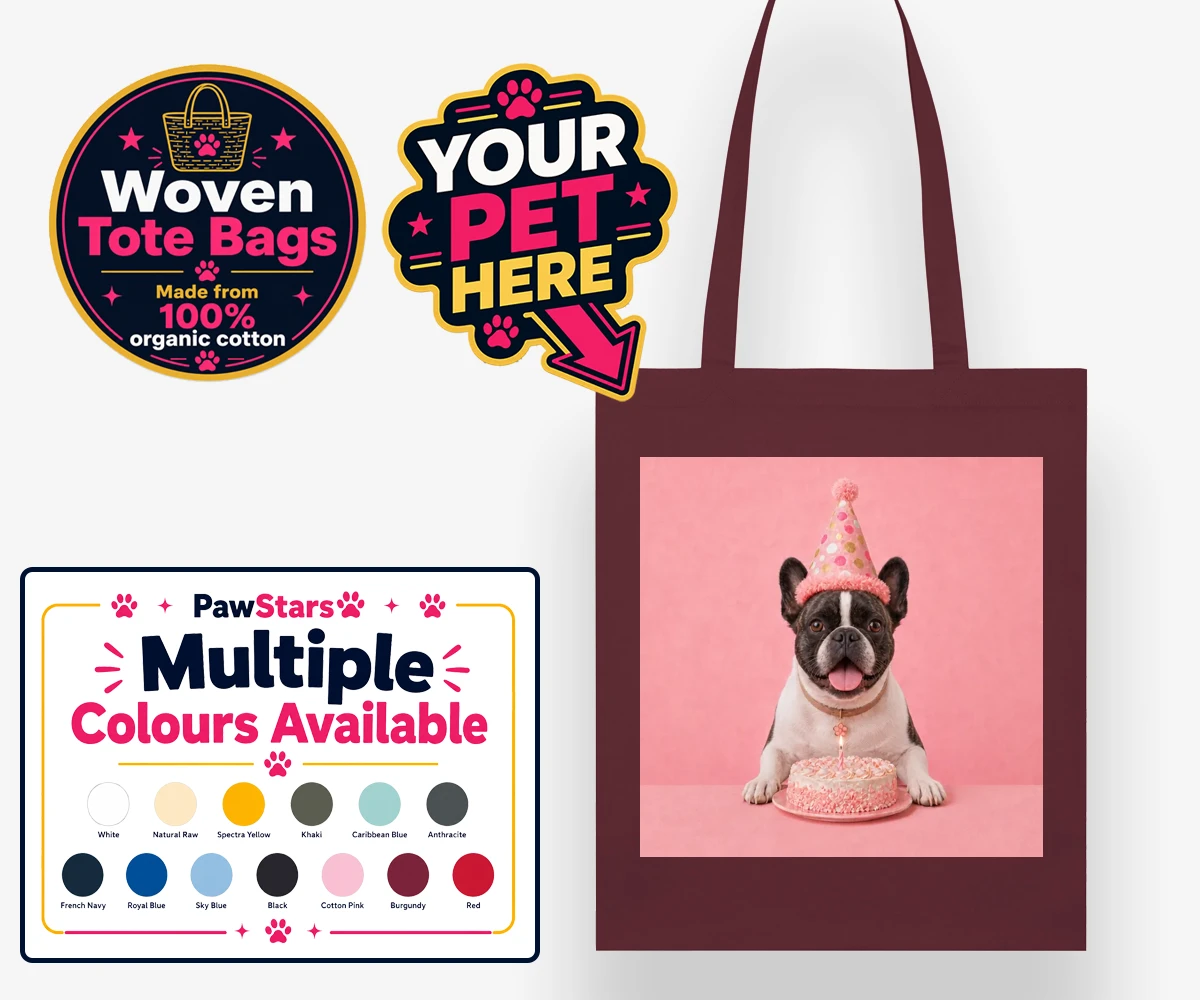 Personalised Birthday Girl dog woven tote bag featuring a dog in a party hat and a cake with a candle.