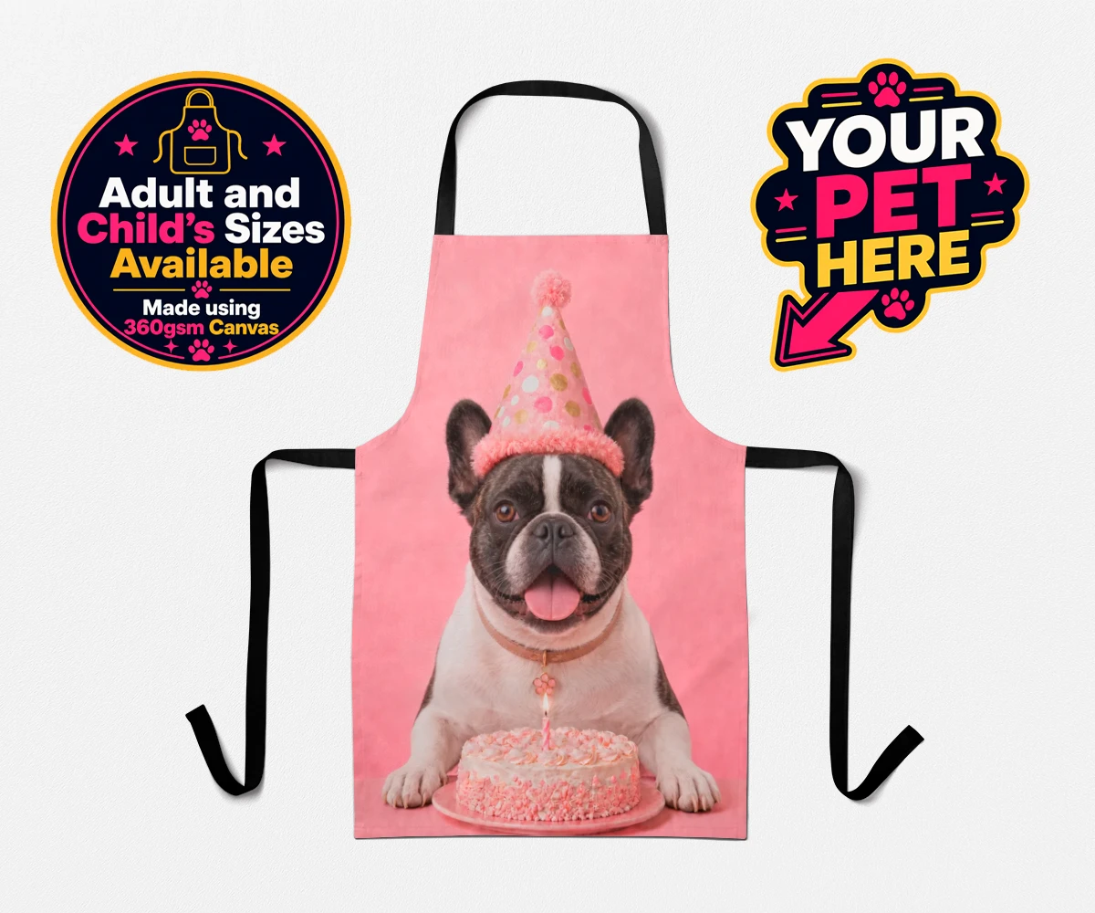 Personalised Birthday Girl dog apron featuring a dog in a party hat and a cake with a candle
