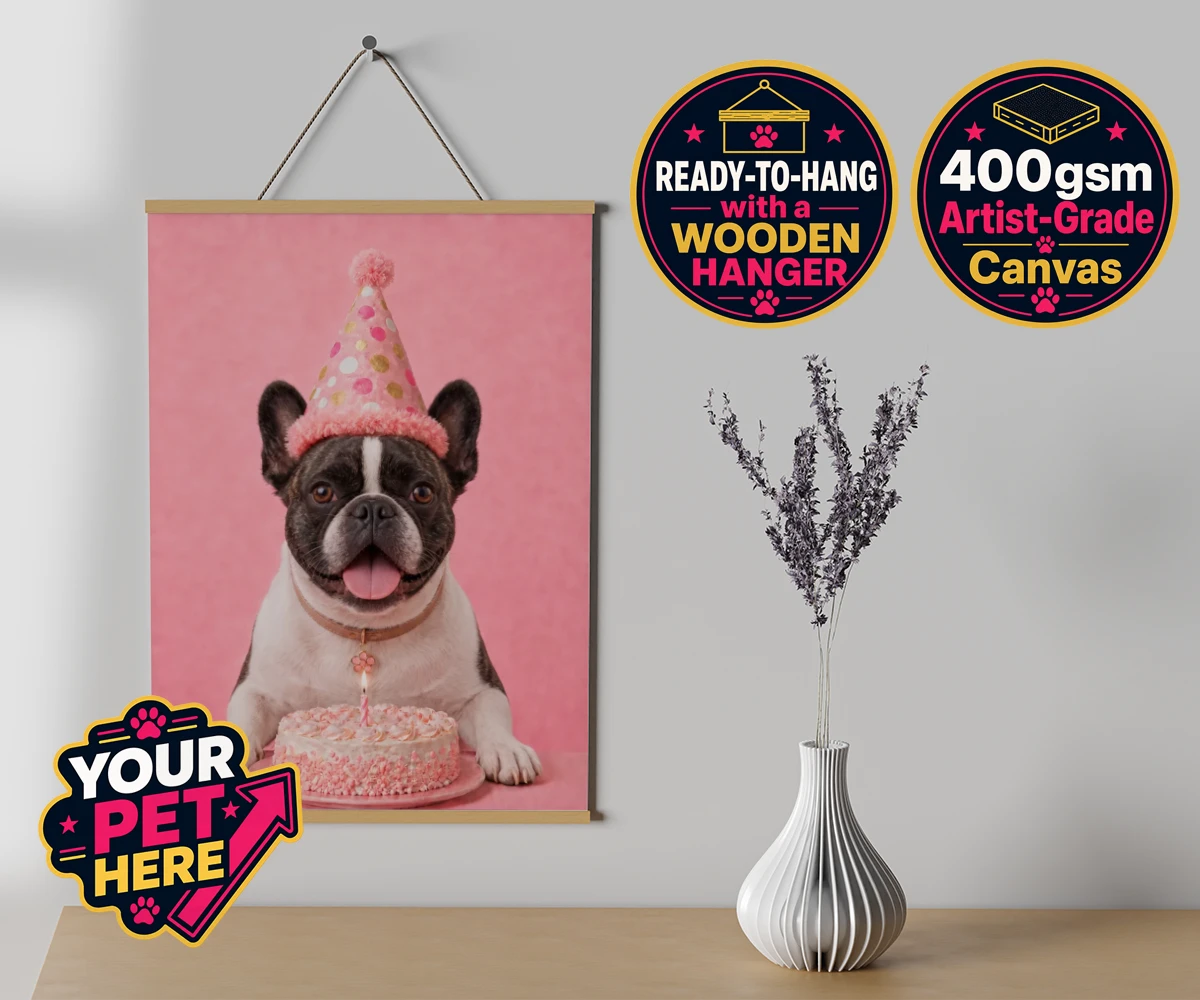Personalised Birthday Girl dog canvas poster prints with hanger featuring celebrate your furry friend's special day with our delightful Birthday