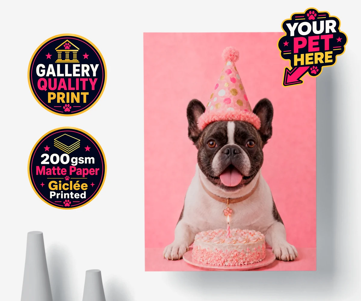 Personalised Birthday Girl dog premium poster print featuring celebrate your furry friend's special day with our delightful Birthday