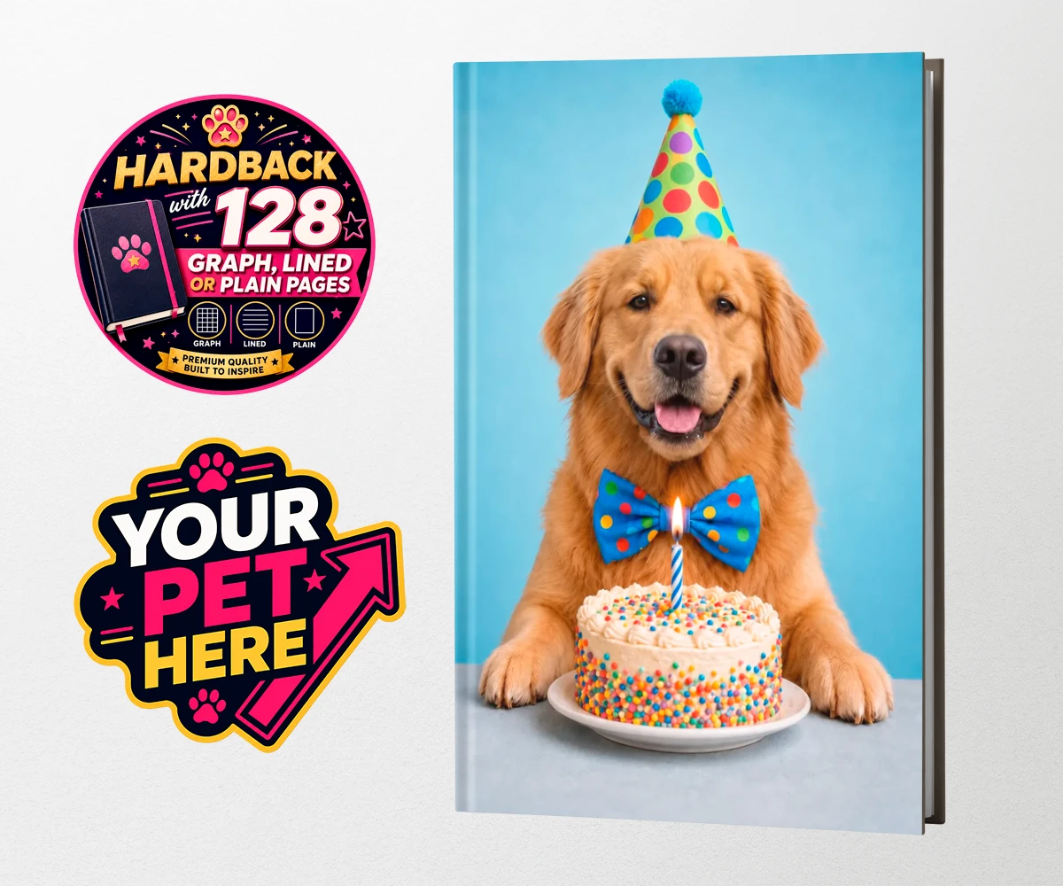 Personalised Birthday Boy dog hardback notebooks featuring the embodiment of joy and celebration for any dog lover!
