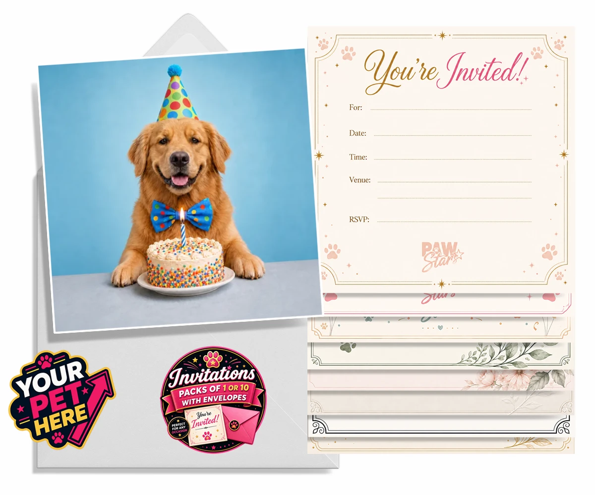 Personalised Birthday Boy dog invitations featuring the embodiment of joy and celebration for any dog lover!