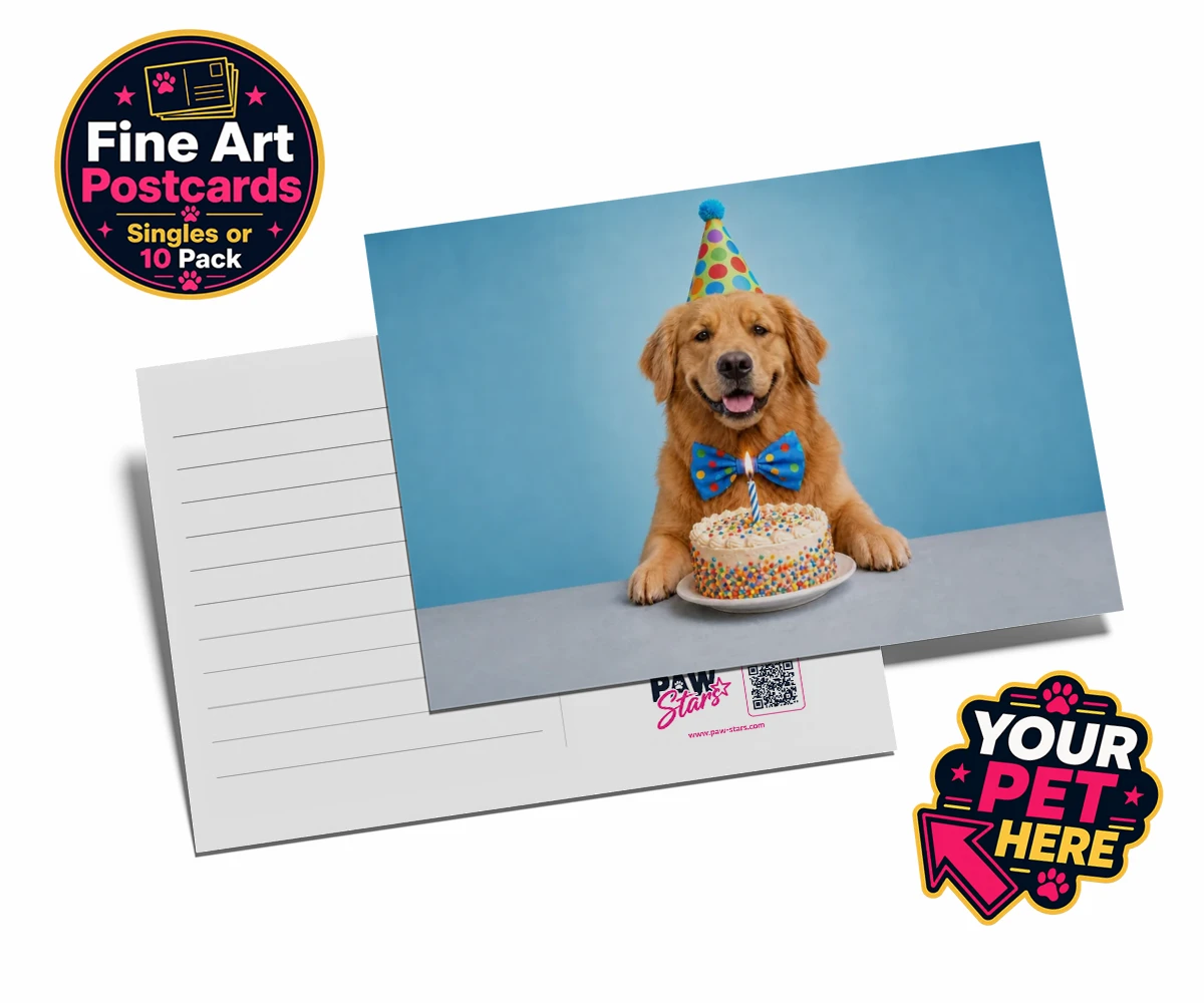 Personalised Birthday Boy dog postcards featuring the embodiment of joy and celebration for any dog lover!