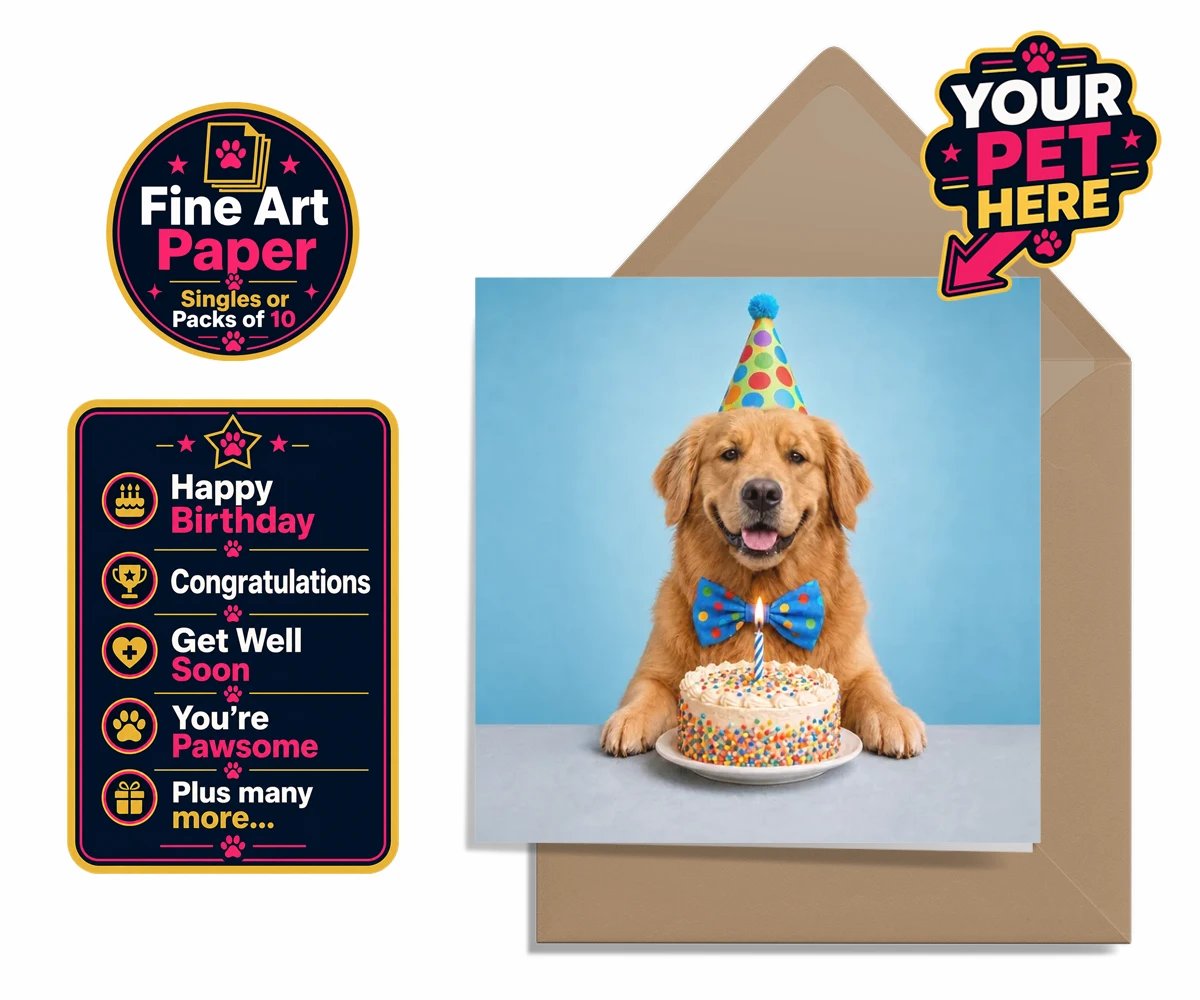 Personalised Birthday Boy dog premium greetings cards featuring the embodiment of joy and celebration for any dog lover!