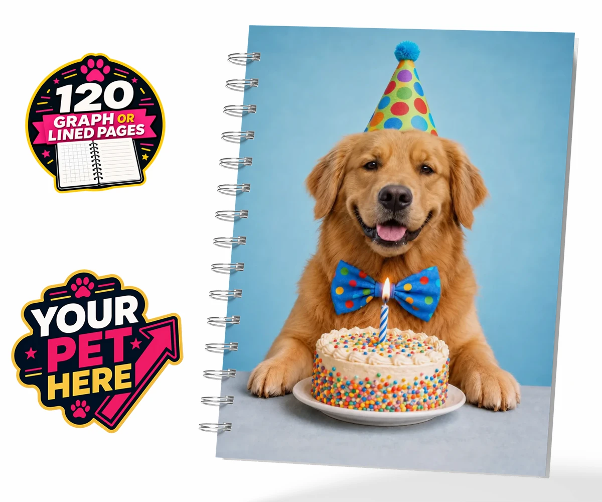 Personalised Birthday Boy dog spiral notebook featuring the embodiment of joy and celebration for any dog lover!