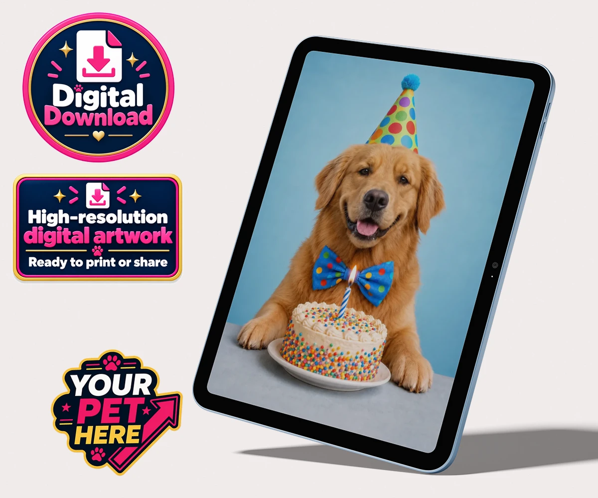 Personalised digital portrait of Birthday Boy dog with a party hat and bow tie in front of a birthday cake