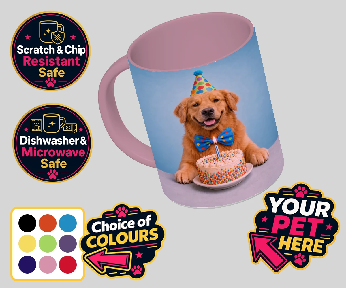 Personalised Birthday Boy dog coloured photo mugs featuring the embodiment of joy and celebration for any dog lover!