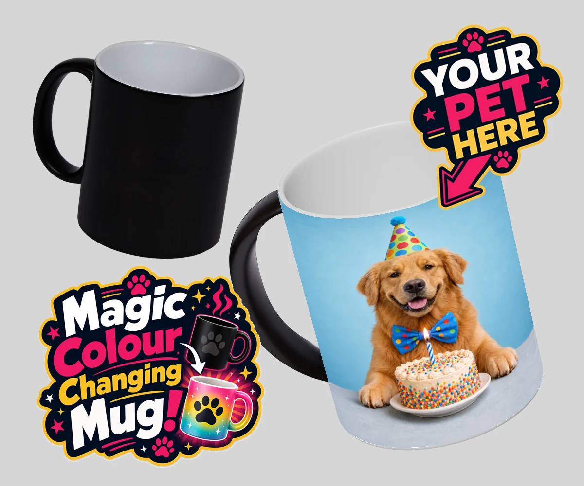 Personalised Birthday Boy dog magic photo mugs featuring the embodiment of joy and celebration for any dog lover!